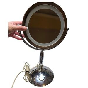 Chrome Lighted Pedestal Makeup Mirror Double Sided Swivel with Quartz Base Clock